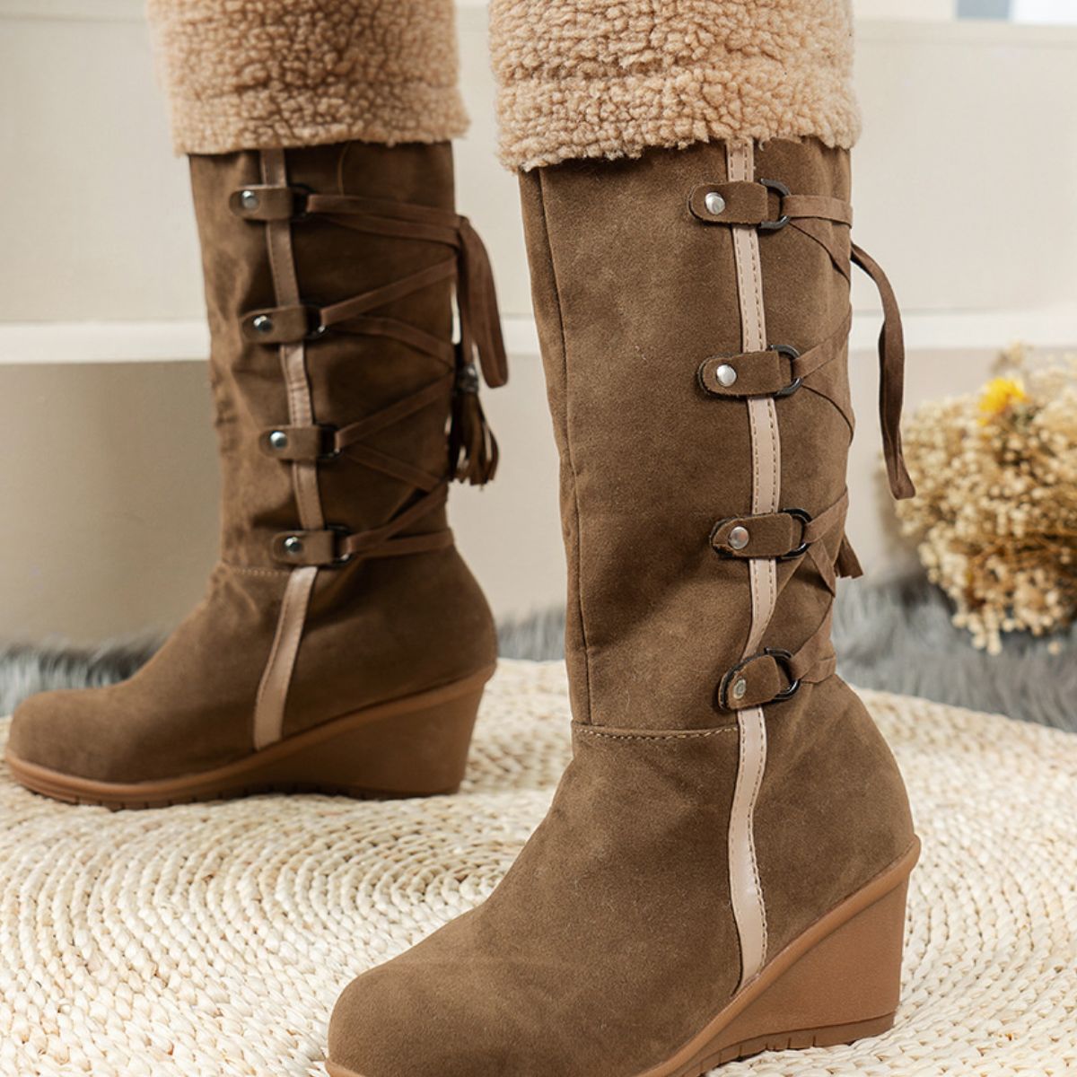Faux Fur Lined Suede Wedge Boots