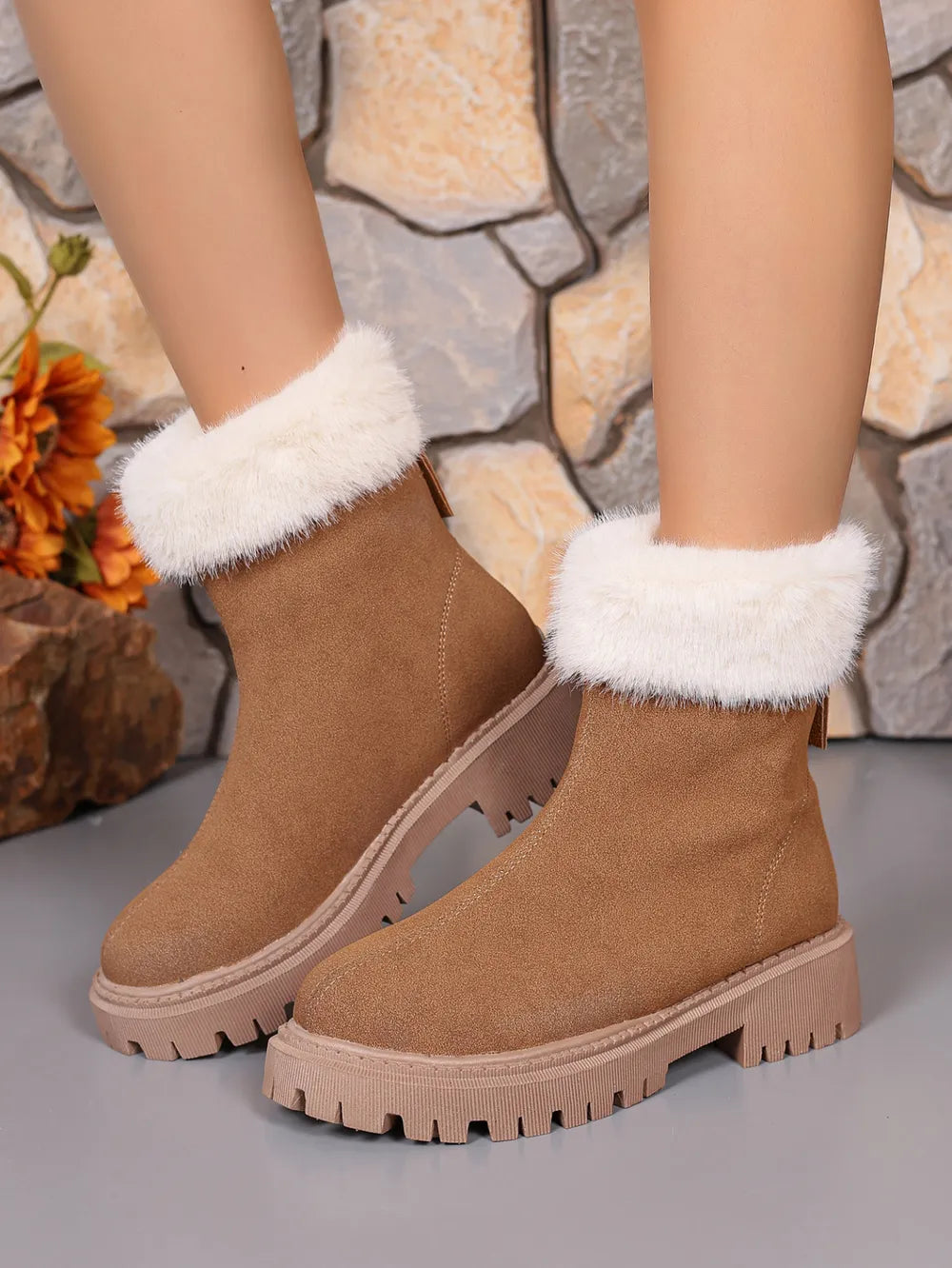 Suede Ankle Boots with Faux Fur Trim