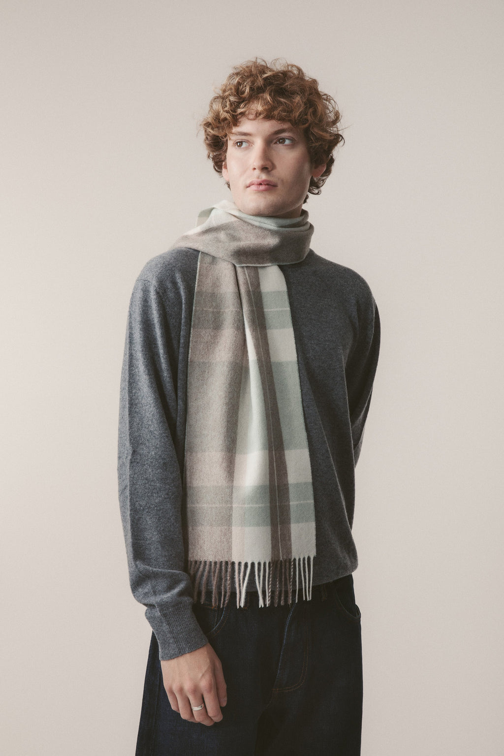 Contemporary Check Lambswool Scarf - Seafoam