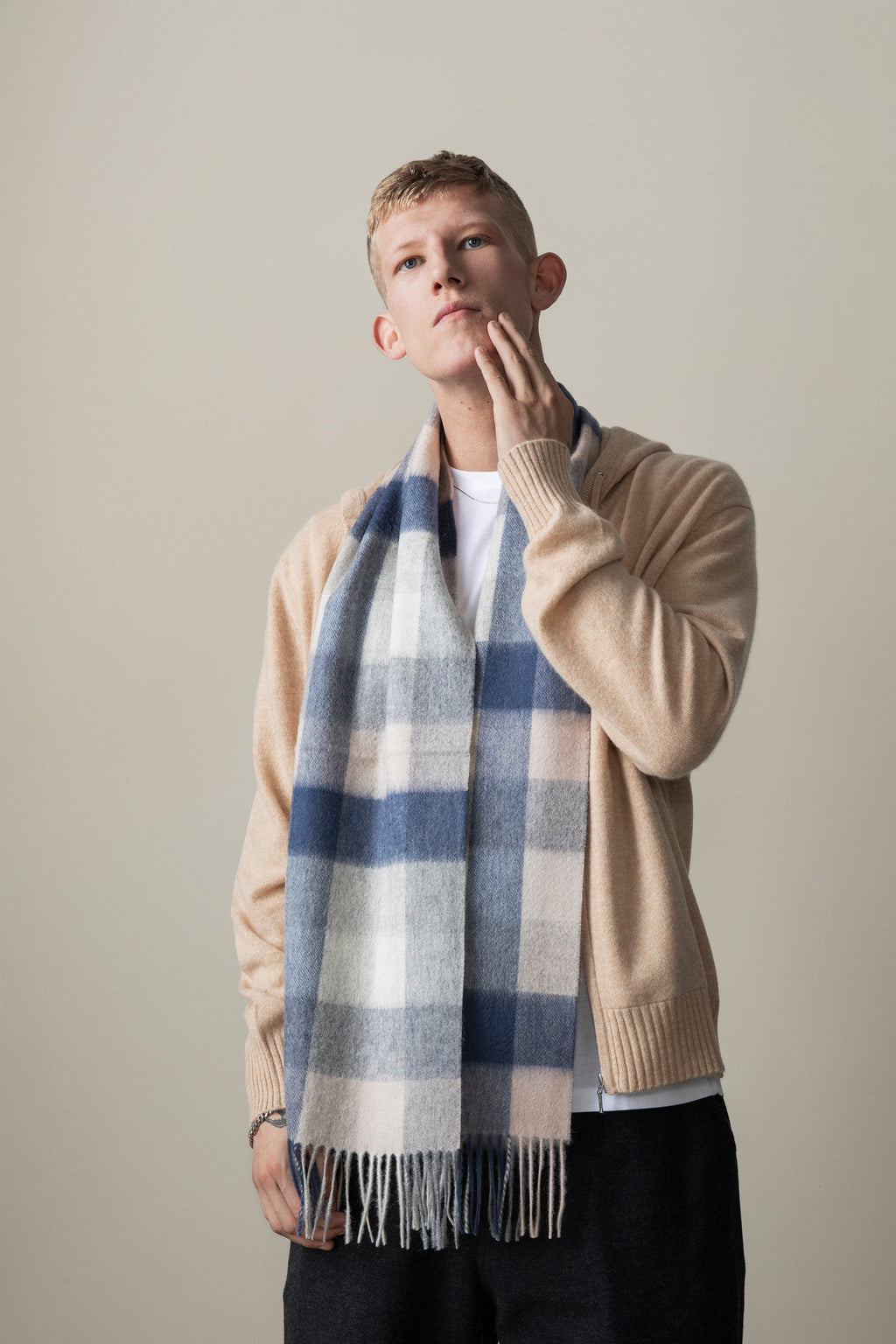 5 Square Check Lambswool Scarf - Swiss Coffee