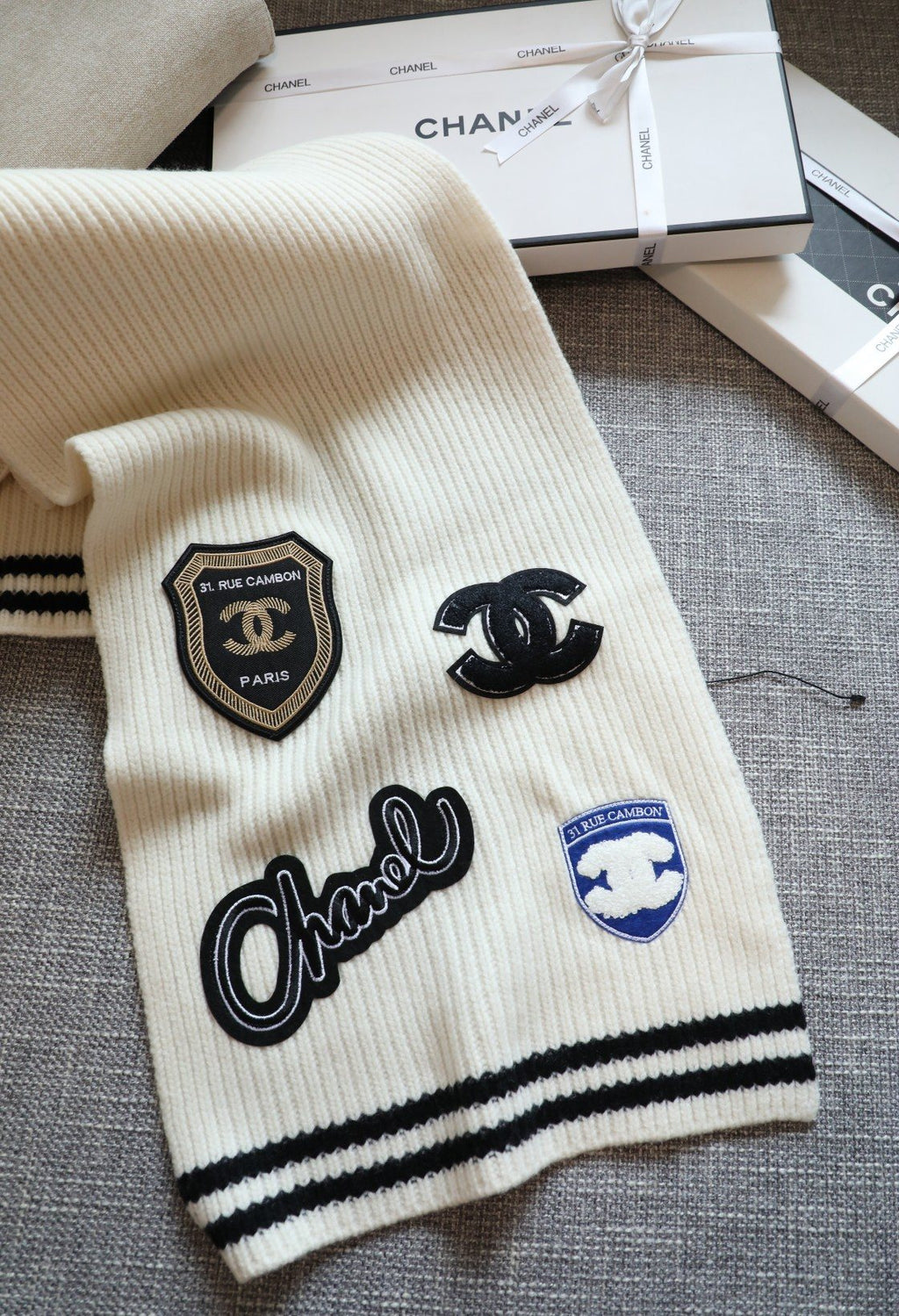 Chanel Emblem Rib-Knit Scarf