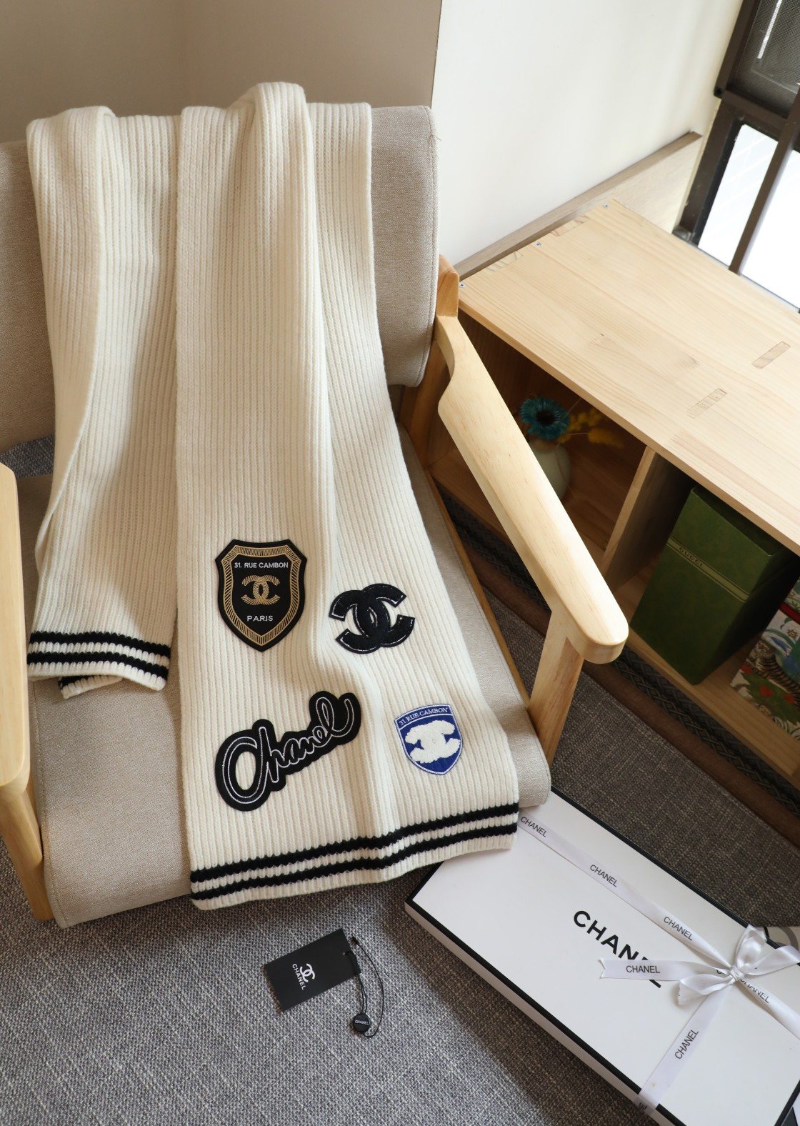 Chanel Emblem Rib-Knit Scarf