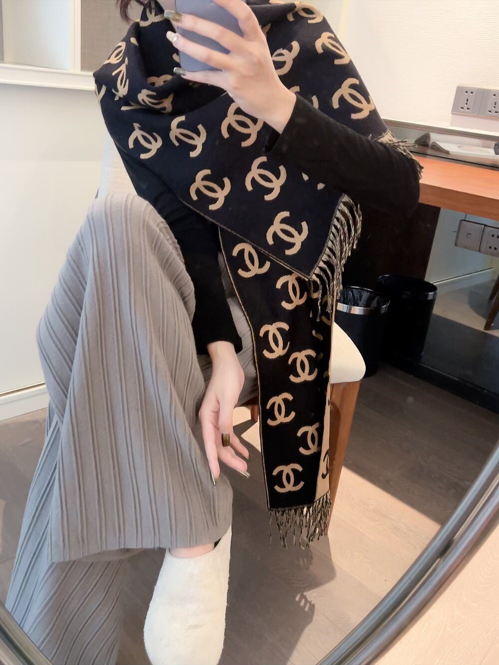Chanel Woven Interlocking-C Fringed Scarf